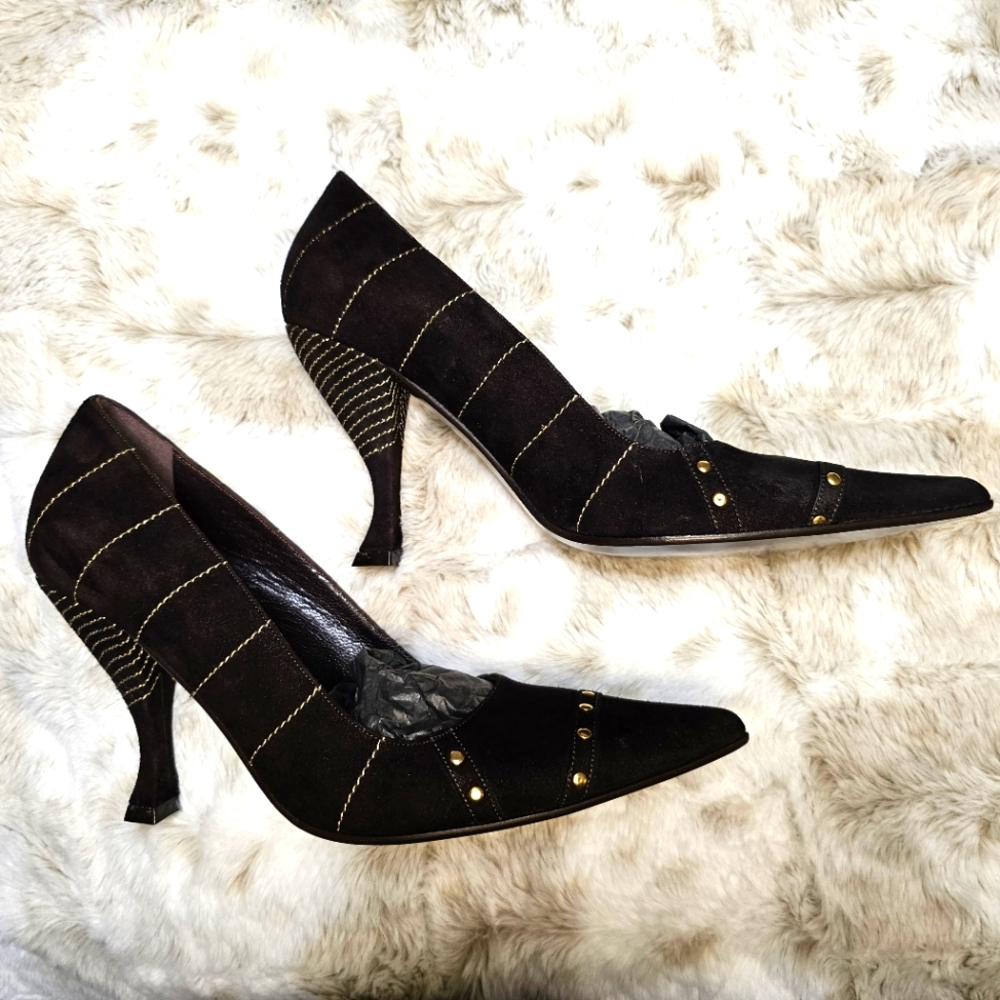 Franco Paolucci pointed‎ toe suede brown/ gold accents, square heel Sz 39 - Picture 2 of 13